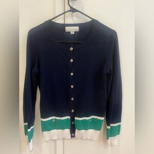 3/$5 Carolyn Taylor Blue Green Cream Gold Buttoned Cardigan Petite Medium PM